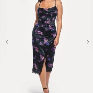 Popilush Lace Trim Sculpting Floral Print Midi Dress